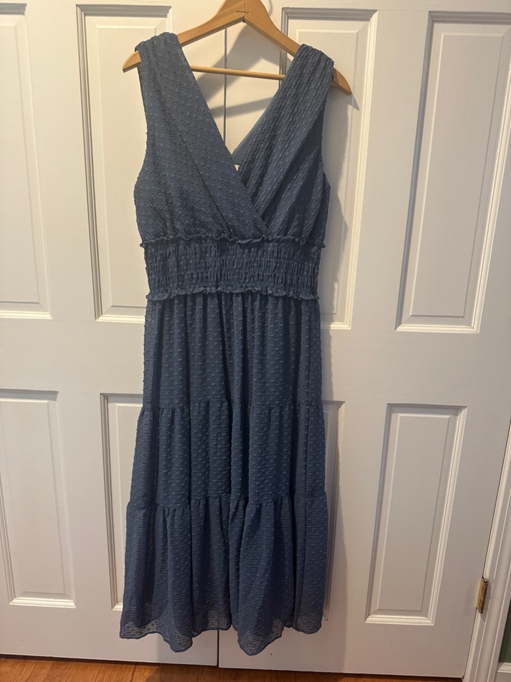 Elle Textured V-Neck Tiered Maxi Dress in Dusty Blue